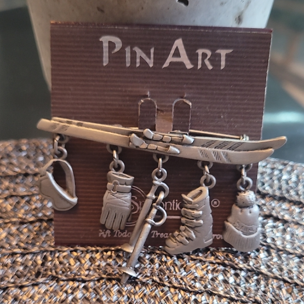 Silver Skiing Charm Brooch
